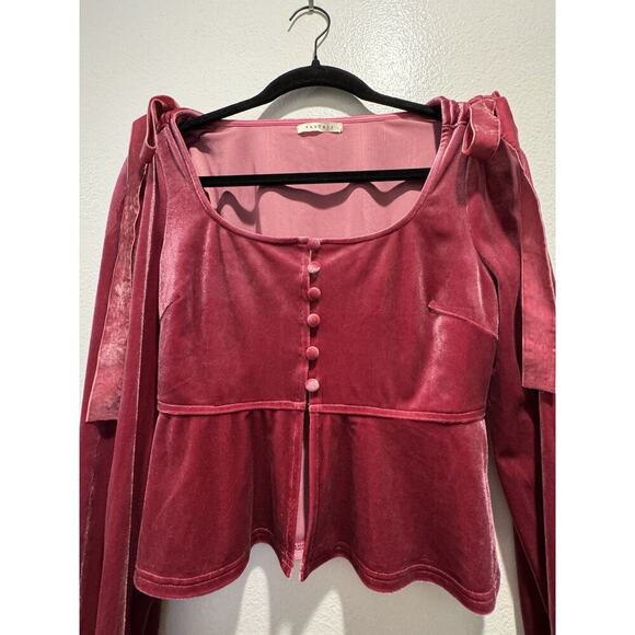 Baevely Pink Velvet Long Sleeve Button Front Top Shoulder Bow Coquette Blouse - Picture 3 of 7